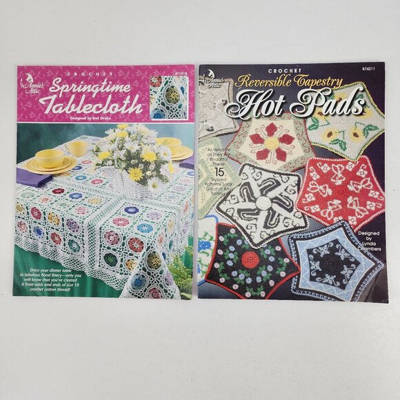 Lot 2 Annies Attic Crochet Pattern Booklet Tapestry Hot Pads & Spring Tablecloth - Picture 2 of 12